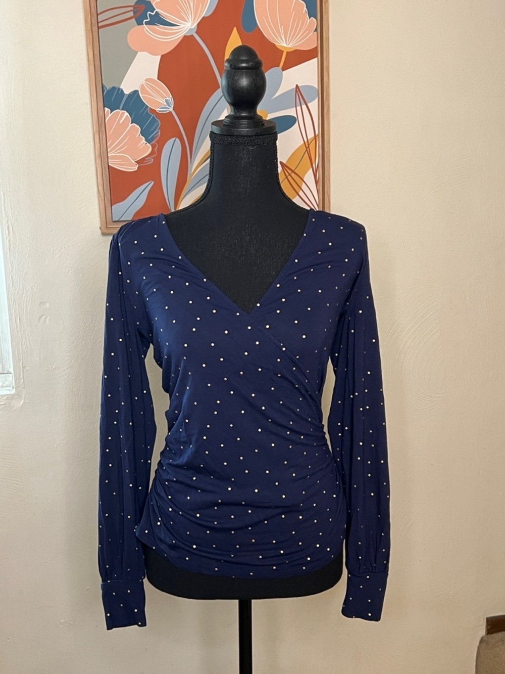 Boden Blouson Sleeve Faux Wrap Top Size 6 Navy